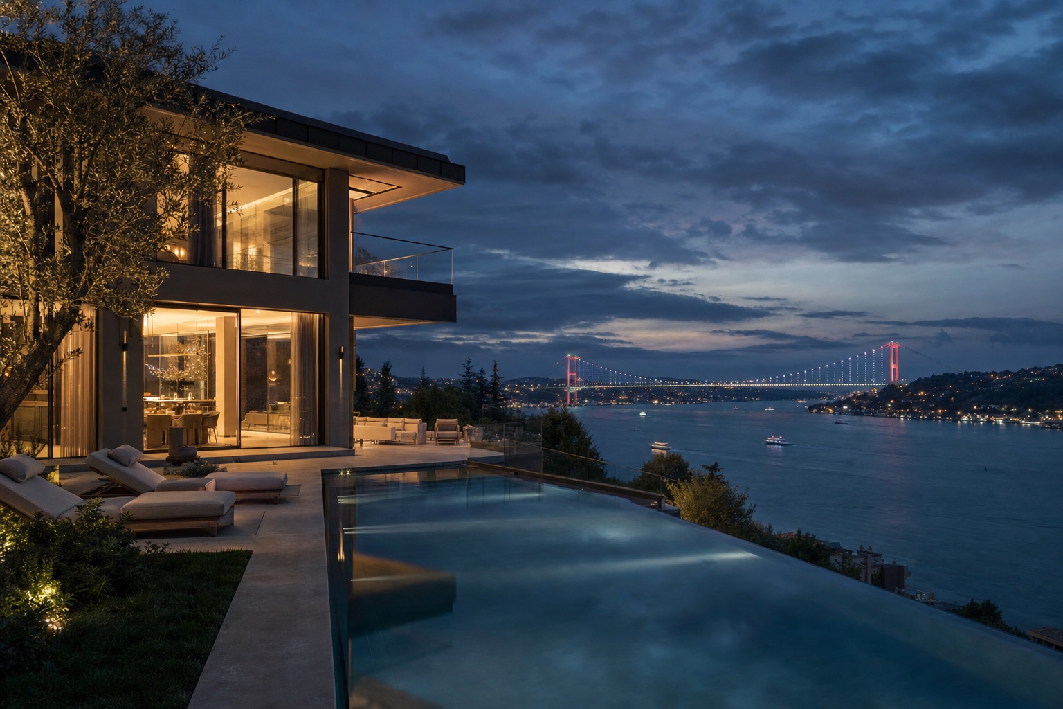Luxury villa overlooking the Bosphorus in Istanbul at dusk
